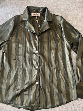 La Lune Olive Satin Stripe Button-Down Shirt